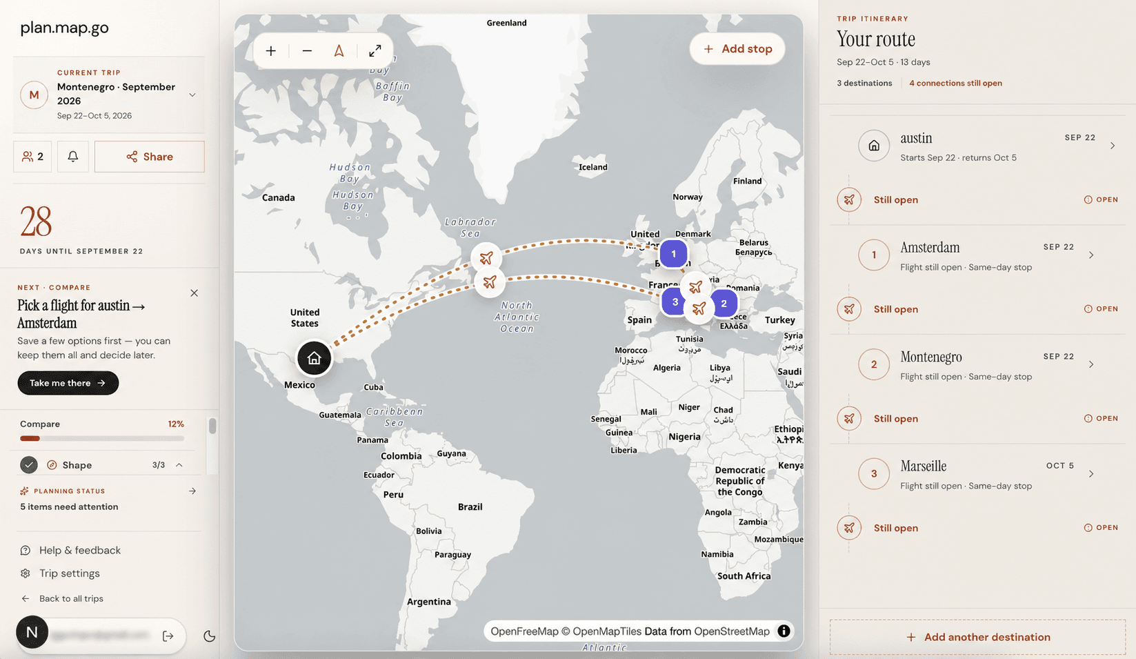 planmapgo route overview showing an Austin, Amsterdam, Montenegro, and Marseille itinerary beside its map